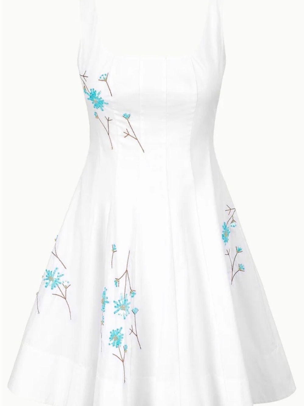 STAUD White Midi well Dress with Blue Floral Embroidery